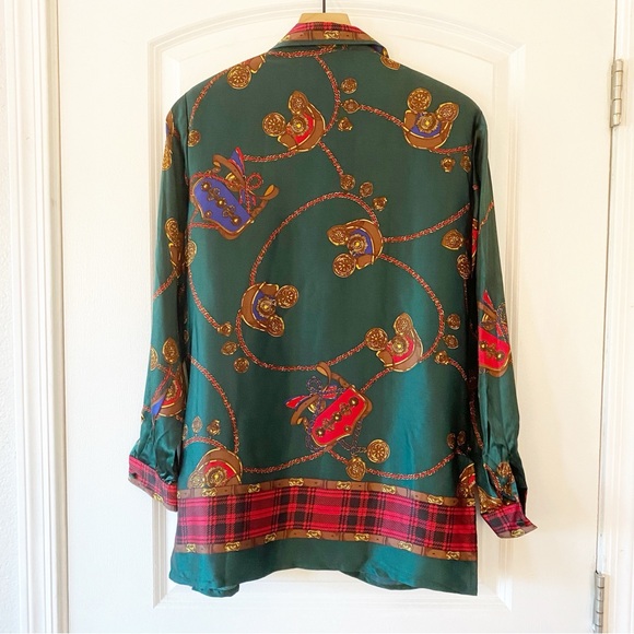 Vintage COREY B 100% Silk Button Up Shoulder Padded Blouse Christmas Colors - Picture 7 of 9